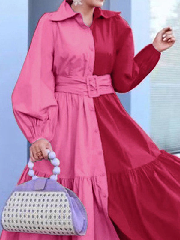 Loose Puff Sleeves Contrast Color Pleated Split-Joint Tied Waist Lapel Midi Dresses