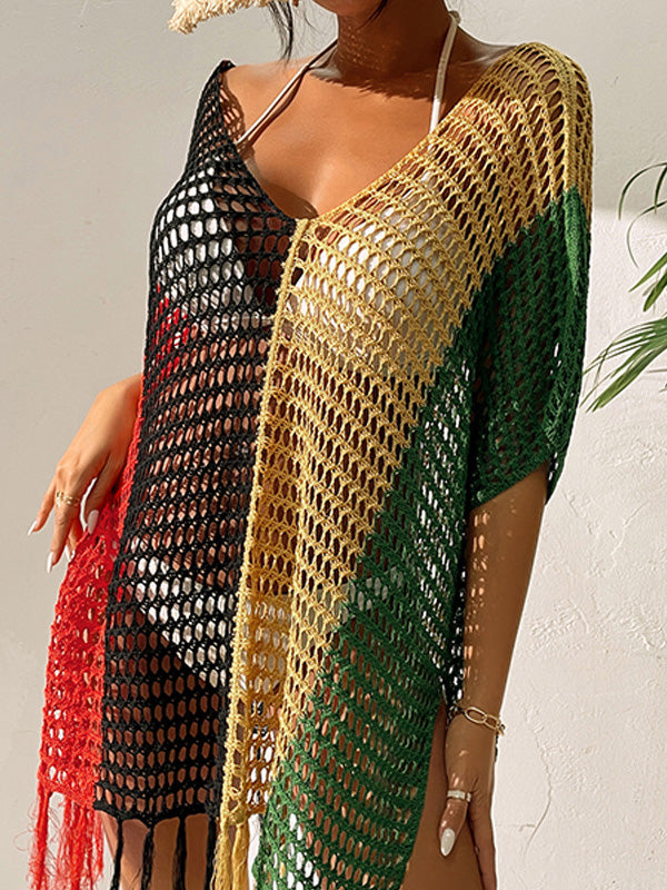 Vacation Loose Patchwork V-Neck Cover-Ups Swimwear
