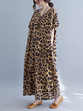 Loose Leopard V-Neck Batwing Sleeves Maxi Dress