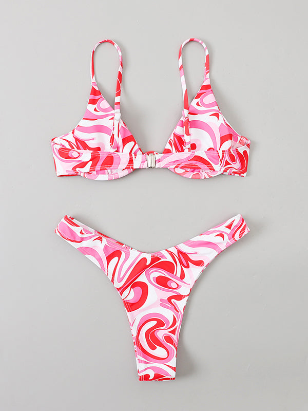 Backless Hollow Printed Solid Color Padded Spaghetti-Neck Bikini Swimsuit