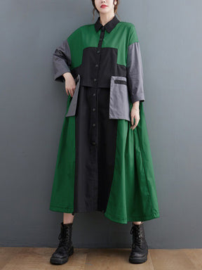 Vintage Loose Long Sleeves Contrast Color Polo Midi Dresses