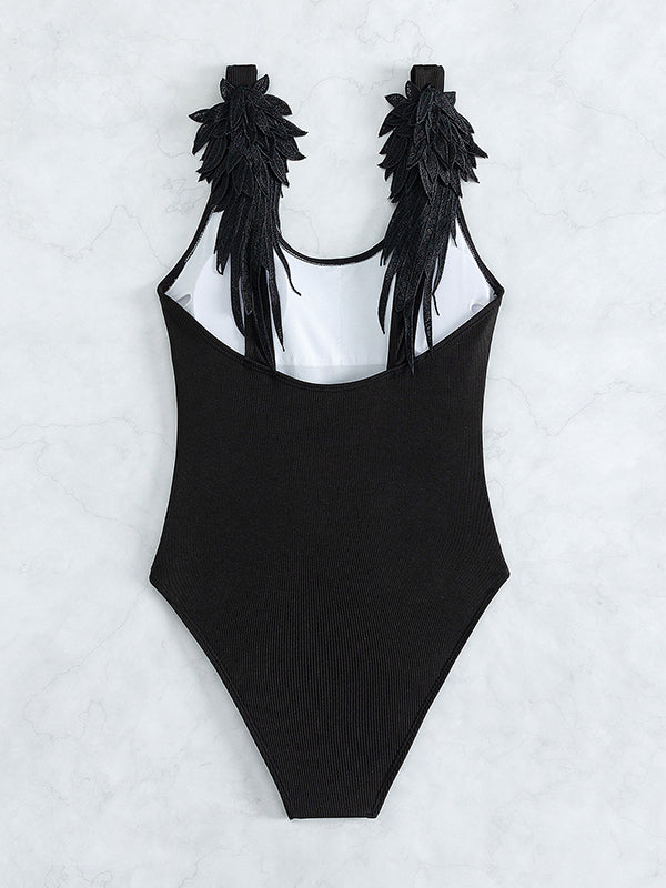 Padded Embroidered Wings Hollow U-neck One-Piece Swimwear