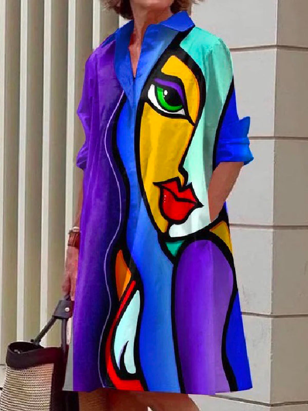 Long Sleeves Contrast Color Figure Printed Lapel Midi Dresses