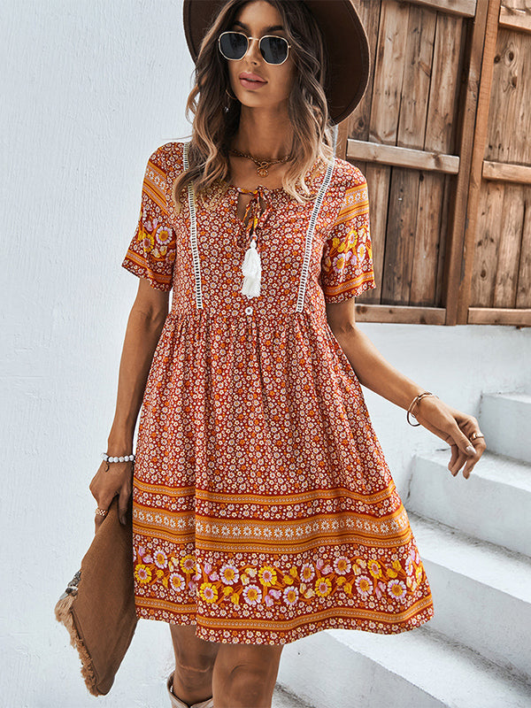 Casual A-Line Floral Printed Round-Neck Dress