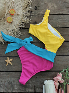 Padded Bandage Belted Belly-Hollow One-Shoulder One-Piece Swimwear