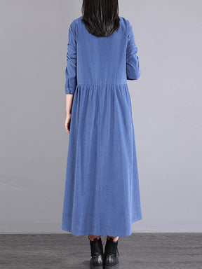 Vintage Corduroy Long Sleeves A-Line Embroidered Solid Round-Neck Midi Dresses