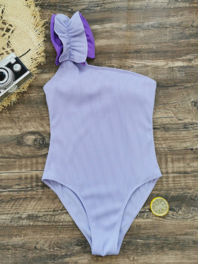 Color-Block Flower Shape Padded One-Shoulder One-Piece Swimwear