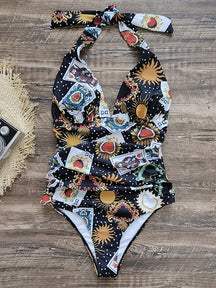 Bandage Heart&Poker Print Halter-Neck One-Piece Swimwear
