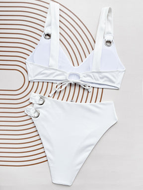 Padded Bandage Hollow Solid Color V-Neck Bikini Swimsuit