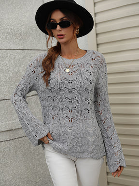 Original Creation Long Sleeves Loose Hollow Solid Color Round-Neck Sweater Tops
