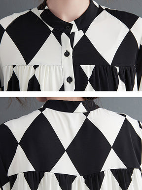 Buttoned Plaid A-Line Long Sleeves Polo Midi Dresses